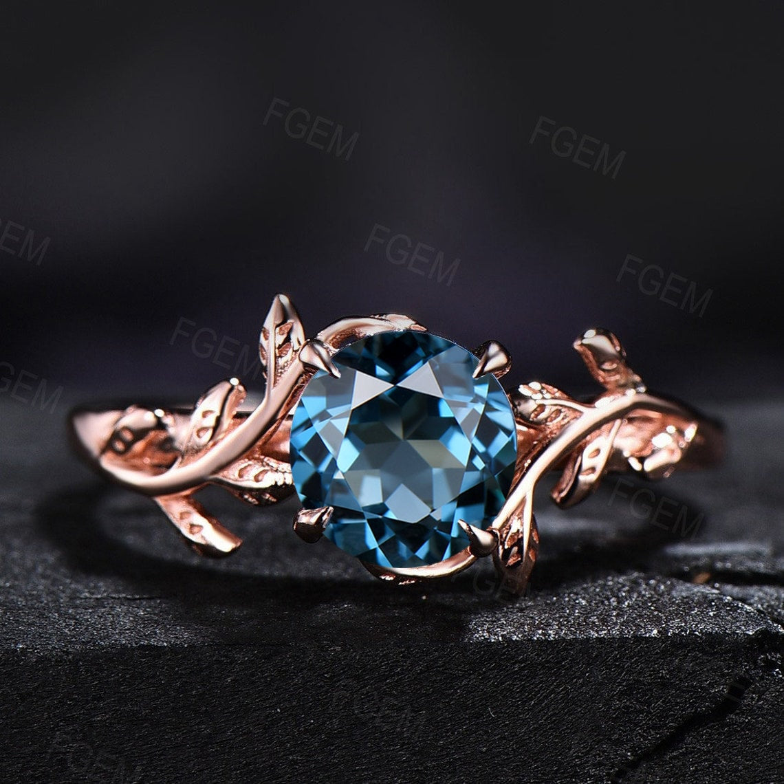 1CT Round Cut Leaf Natural London Blue Topaz Engagement Rings Sterling Silver Branch Blue Gemstone Ring Women Nature Inspired Jewelry Gift