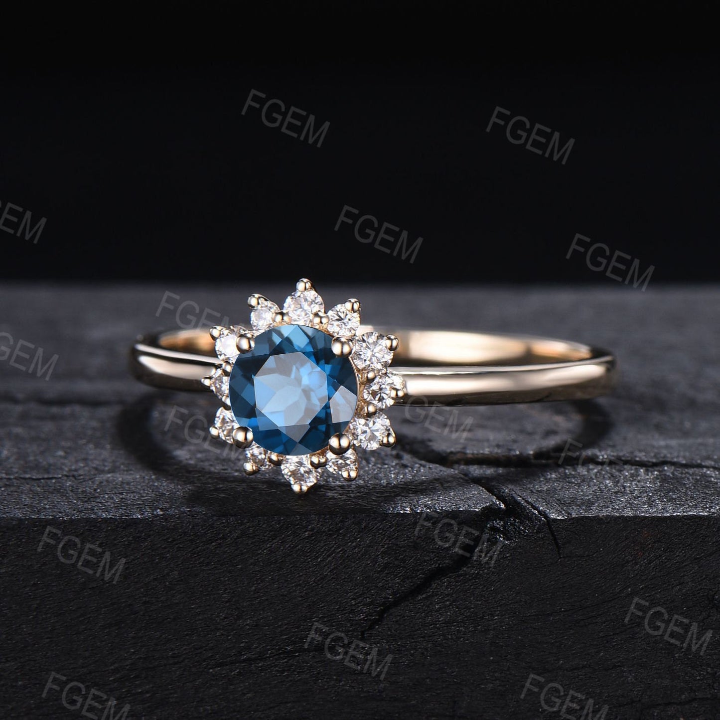 Natural London Blue Topaz Ring Halo Engagement Rings Flower Cluster Wedding Ring December Birthstone Gift Unique Anniversary/Birthday Gift