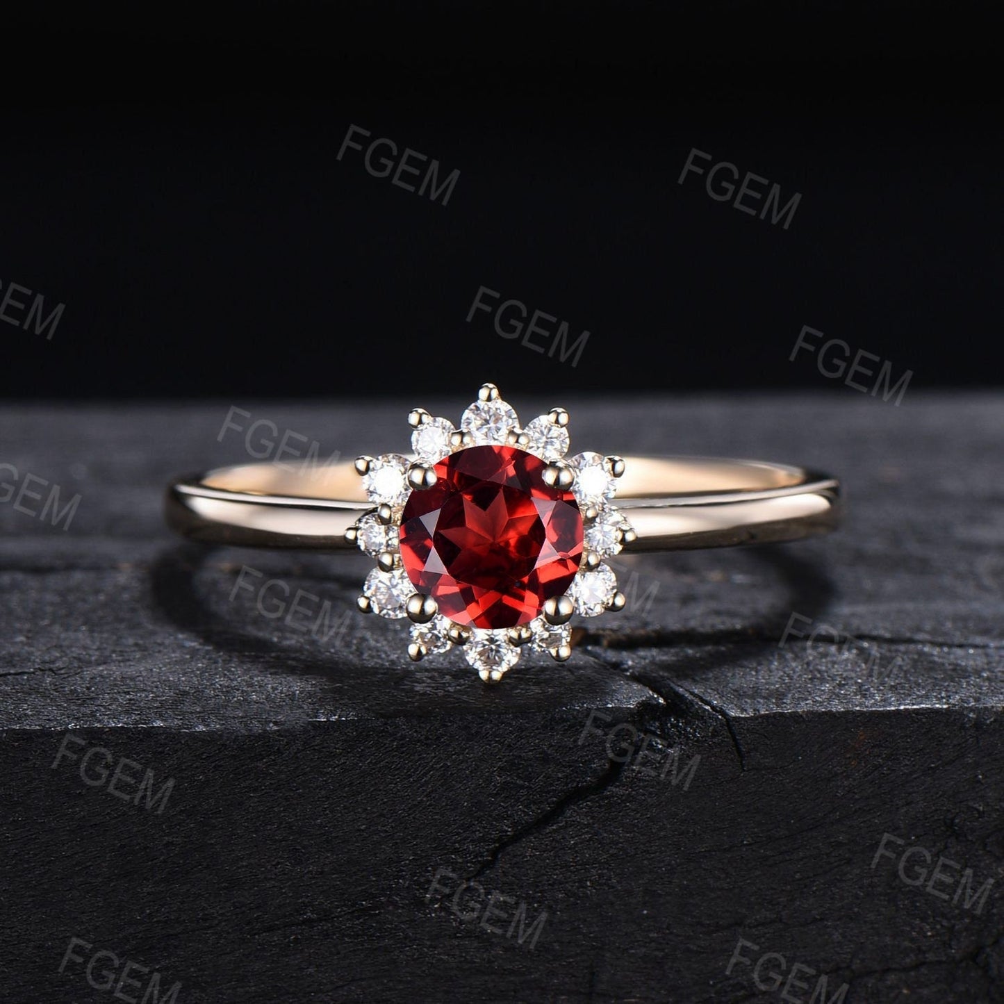 Nature Inspired Floral Ruby Halo Engagement Rings 10K Gold Round Red Wedding Ring July Birthstone Jewelry Unique Anniversary/Birthday Gift