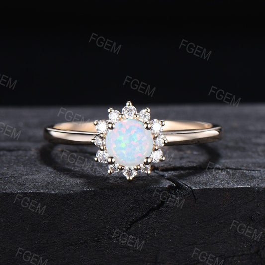 Flower Opal Engagement Rings 10K/14K/18K Yellow Gold Round Cut White Opal Halo Wedding Rings Cluster Moissanite Nature Flower Wedding Ring