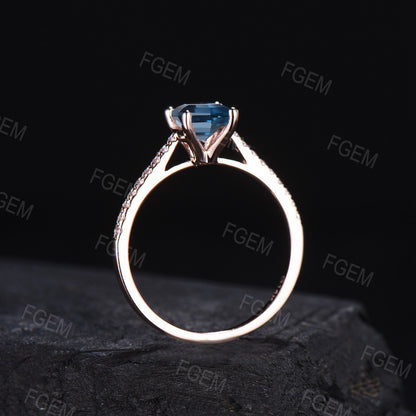 Vintage London Blue Topaz Half Eternity Engagement Ring 10K Rose Gold Unique 1.5ct Oval Blue Wedding Ring Moissanite Ring Anniversary Gifts