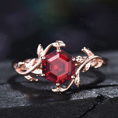 1ct Hexagon Ruby Bridal Set 10K White Gold Nature Inspired Twig Leaf Red Ruby Engagement Rings July Birthstone Gift Celtic Knot Wedding Ring