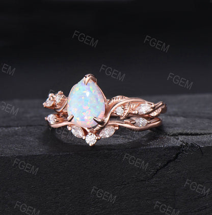 Nature Inspired White Opal Ring Set Vintage 1.25ct Pear Shaped Branch Twig Opal Engagement Ring Twist Leaf Moissanite Opal Wedding Ring Set