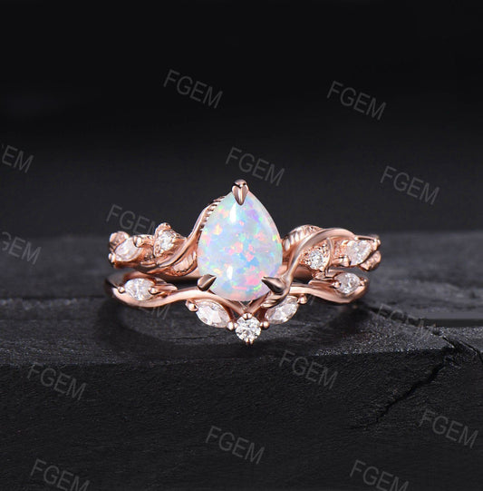 Nature Inspired White Opal Ring Set Vintage 1.25ct Pear Shaped Branch Twig Opal Engagement Ring Twist Leaf Moissanite Opal Wedding Ring Set