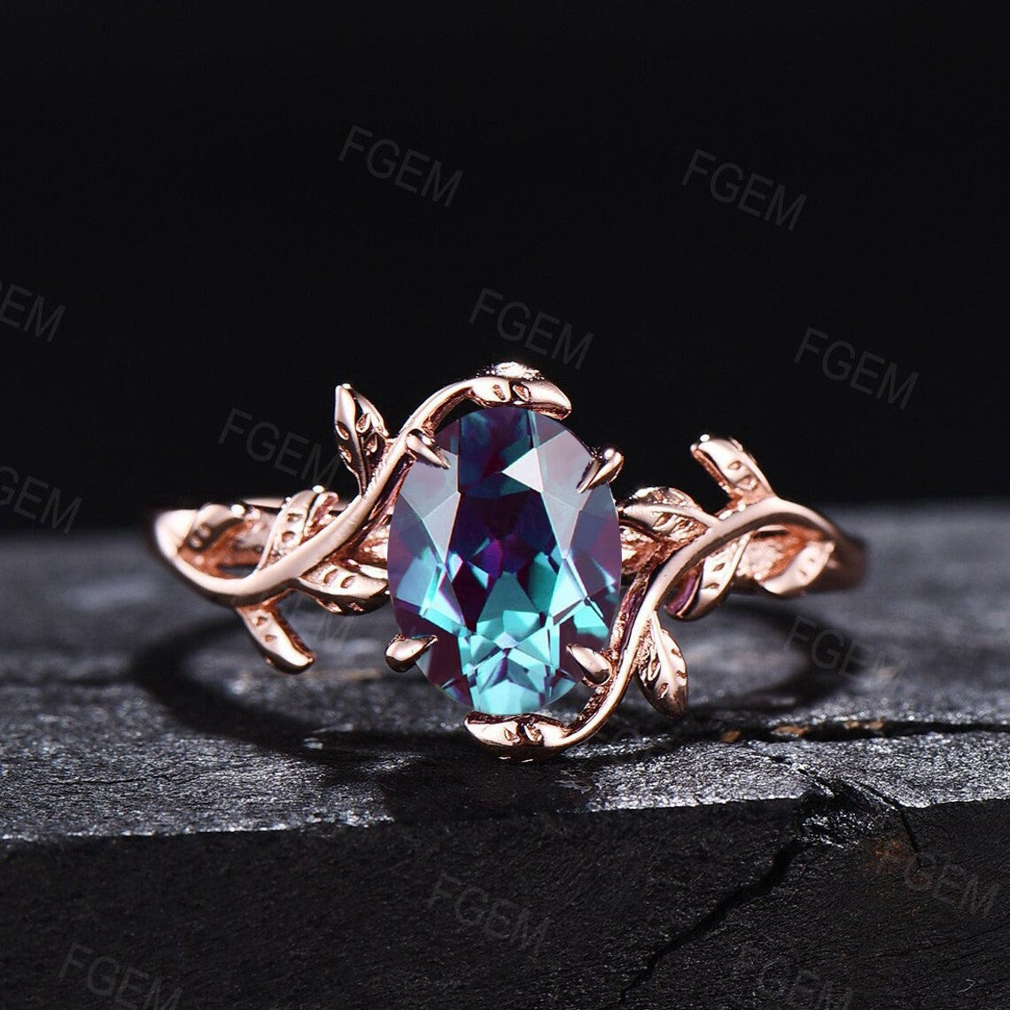 Sterling Silver Oval Cut Alexandrite Leaf Engagement Rings Color Change Alexandrite Jewelry Anniversary Gift June Birthstone Solitaire Ring