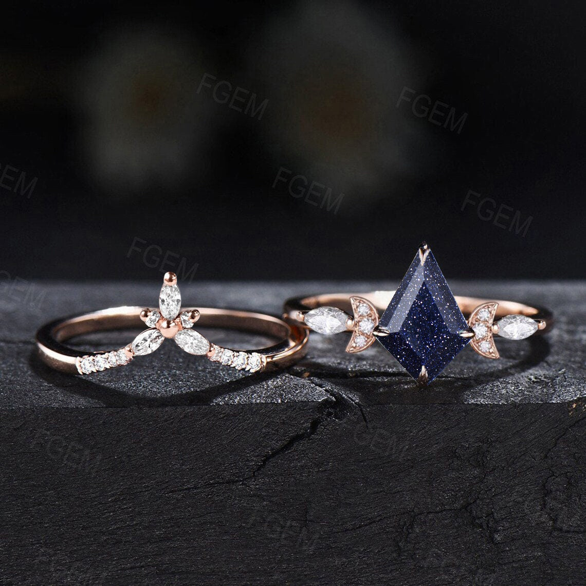 Moon Engagement Ring Set Vintage Starry Sky Blue Sandstone Ring Set Kite Bridal Set Moissanite Celestial Ring Promise Ring Blue Wedding Ring