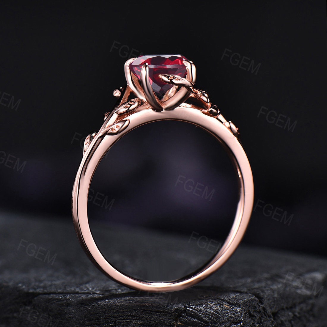 1ct Round Cut Nature Ruby Gemstone Jewelry 14K Rose Gold Twig Leaf Ruby Engagement Rings Unique Anniversary Ring Women July Birthstone Gift