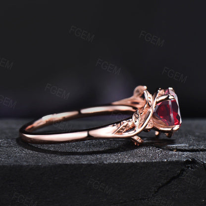1ct Round Cut Nature Ruby Gemstone Jewelry 14K Rose Gold Twig Leaf Ruby Engagement Rings Unique Anniversary Ring Women July Birthstone Gift