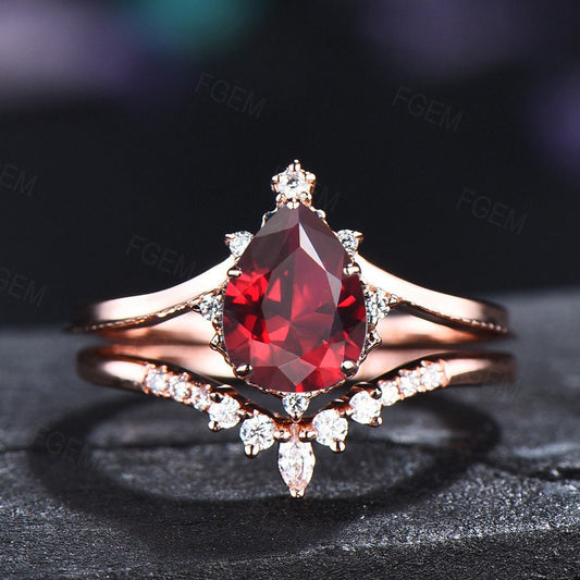 Sterling Silver 1.25ct Pear Shaped Ruby Engagement Ring Set Anniversary/Birthday Gift for Women July Birthstone Gift Red Gemstone Jewelry
