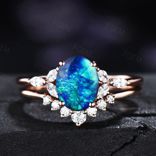Sterling Silver Blue Opal Engagement Ring Set Vintage Oval Opal Bridal Set Blue Gemstone Opal Jewelry Unique Handmade Promise Ring for Women