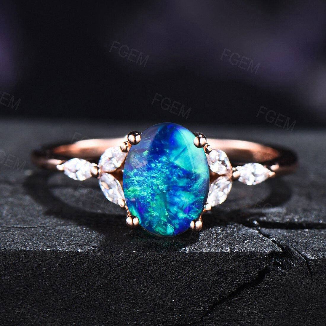 Sterling Silver Blue Opal Engagement Ring Set Vintage Oval Opal Bridal Set Blue Gemstone Opal Jewelry Unique Handmade Promise Ring for Women