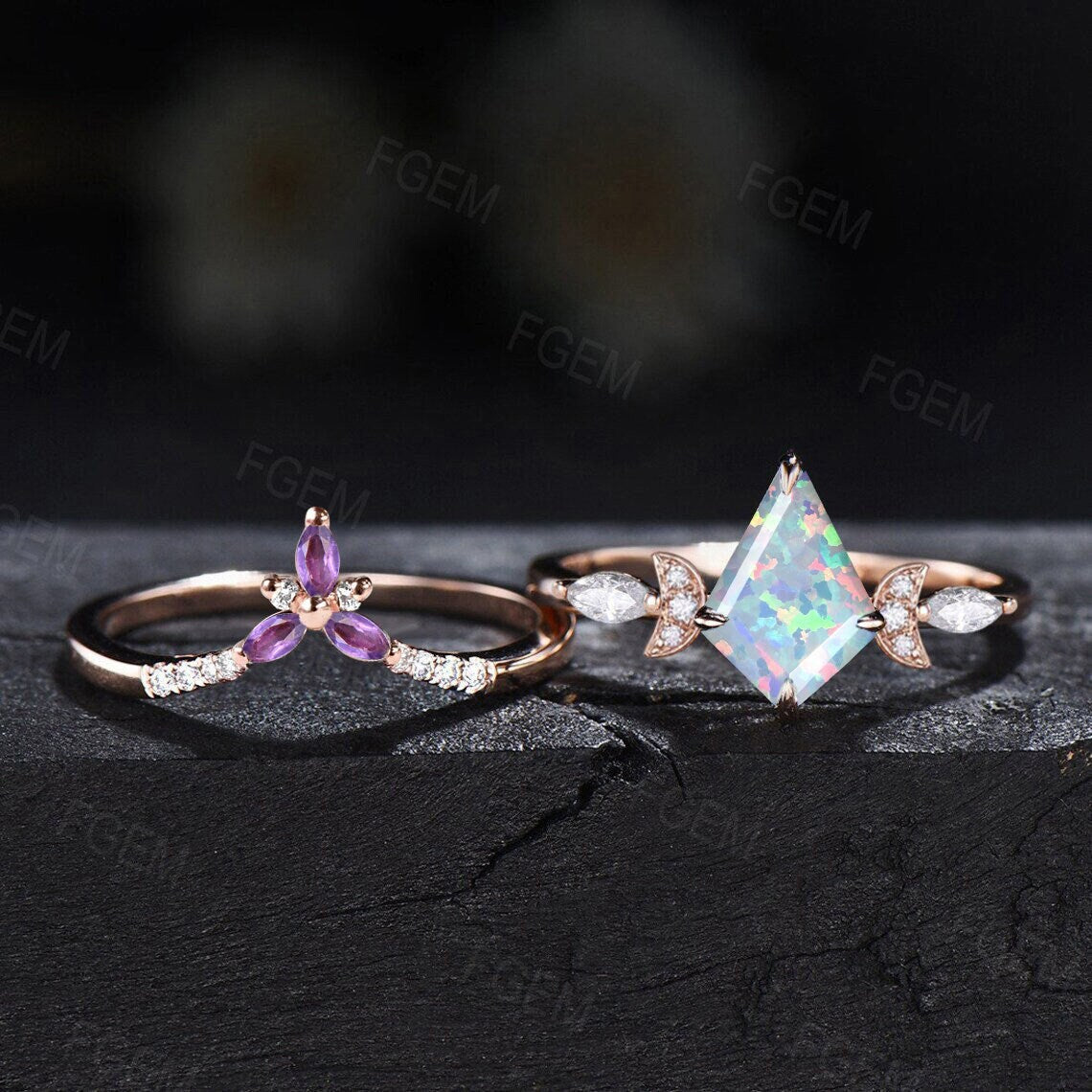 Kite Shaped Opal Moon Engagement Ring Set Rose Gold Fire Opal Bridal Set Moissanite Amethyst Wedding Ring October Birthstone Jewelry Gifts