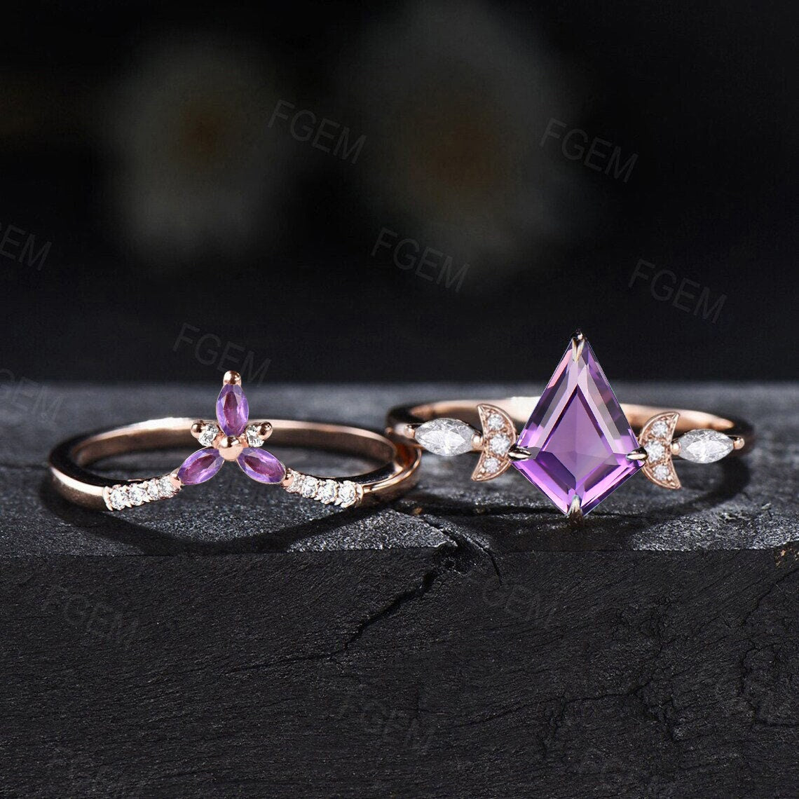 Kite Cut Natural Purple Amethyst Engagement Rings Vintage Moon Wedding Ring Moissanite Amethyst Crystal Bridal Set February Birthstone Ring