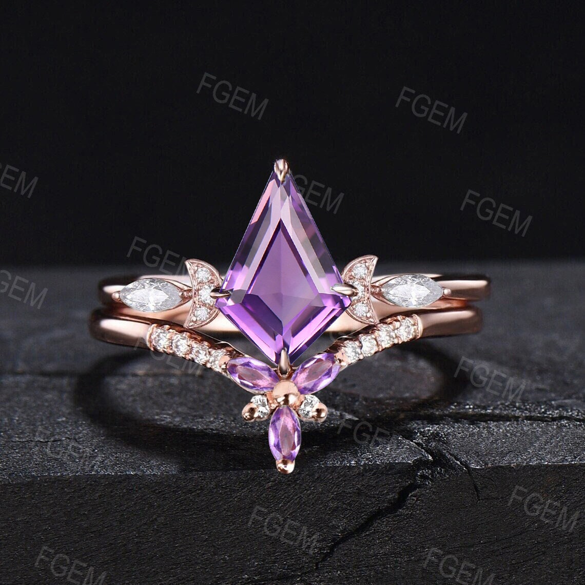 Vintage Hexagon Cut Amethyst Ring, Cluster engagement newest Ring, Purple Amethyst Wedding Ring, 1 CT Rose Gold February Birthstone Promise Ring