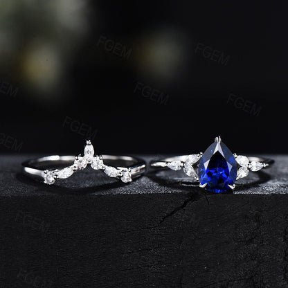 1.25ct Pear Shaped Blue Sapphire Ring Set Sterling Silver Blue Engagement Ring September Birthstone Bridal Set CZ Diamond Curve Wedding Band