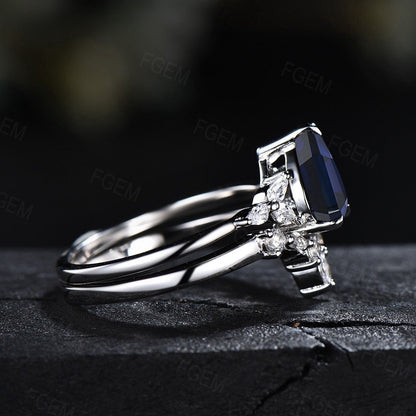 1.25ct Pear Shaped Blue Sapphire Ring Set Sterling Silver Blue Engagement Ring September Birthstone Bridal Set CZ Diamond Curve Wedding Band