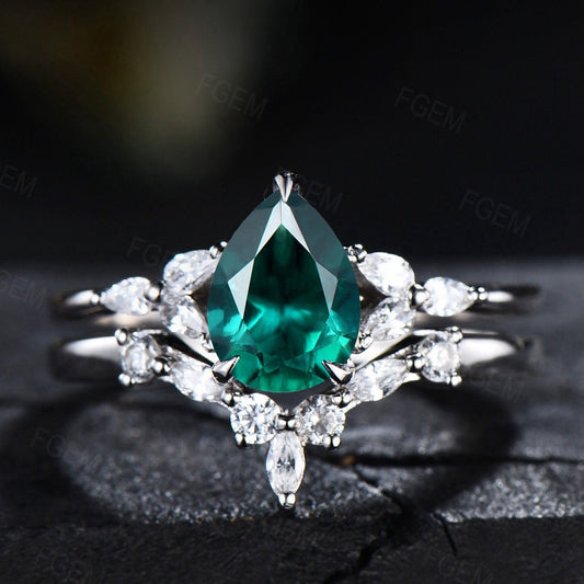 Sterling Silver Pear Shaped Green Emerald Engagement Ring Set 1.25ct May Birthstone Bridal Set Curve Wedding Stacking Band Platinum Ring Set