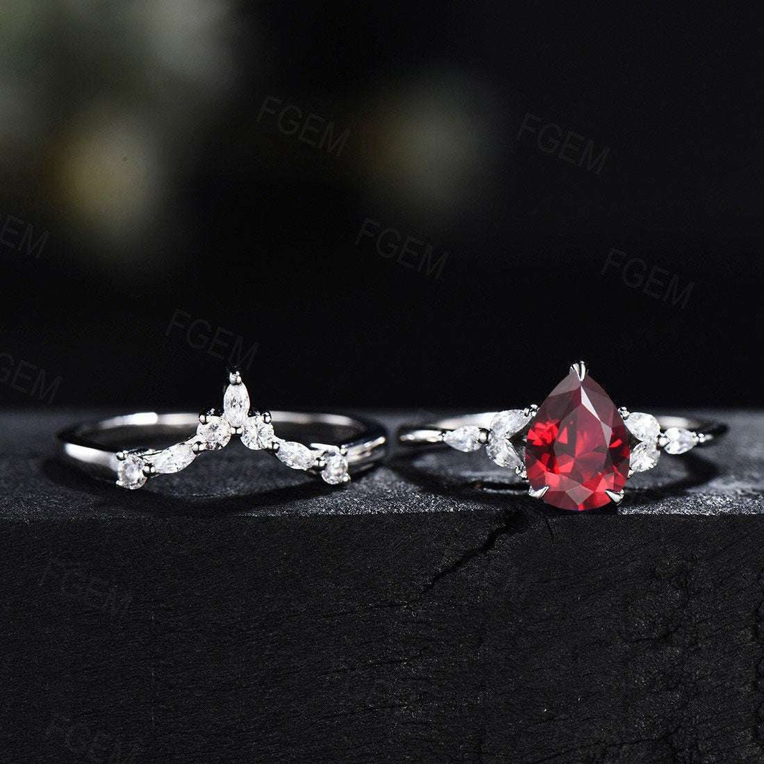 Sterling Silver Red Ring Set 1.25ct Pear Shaped Ruby Engagement Ring Set Anniversary/Birthday /Wedding Gift Women July Birthstone Jewelry