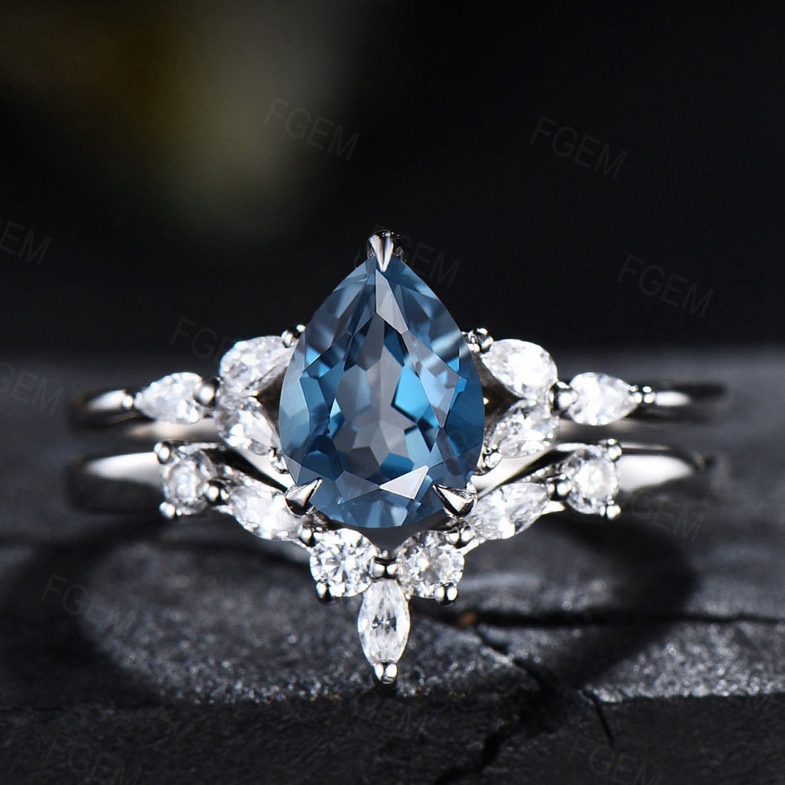 Sterling Silver Natural London Blue Topaz Engagement Ring Blue Gemstone Ring 1.25ct Pear Shaped Ring Set December Birthstone Platinum Ring
