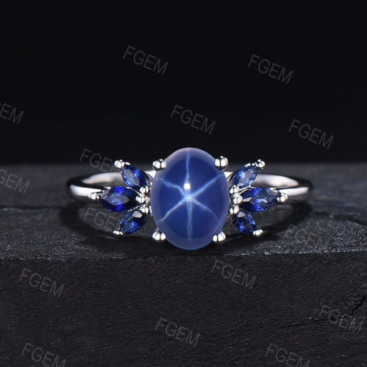 1.5ct Oval Cut Starry Sky Blue Star Sapphire Engagement Ring Blue Sapphire Cluster Wedding Ring Unique Handmade Proposal Gifts Platinum Ring