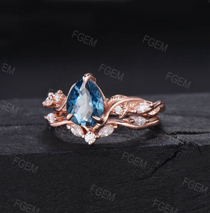 Nature Inspired London Blue Topaz Ring Set Twig Vine Twisted Wedding Band Blue Gemstone December Birthstone Jewelry Moissanite Promise Ring