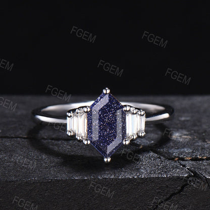 Long Hexagon Blue Sandstone Ring Set Sterling Silver Hypoallergenic Blue Engagement Ring Set Anniversary Gift Platinum Hexagon Bridal Set