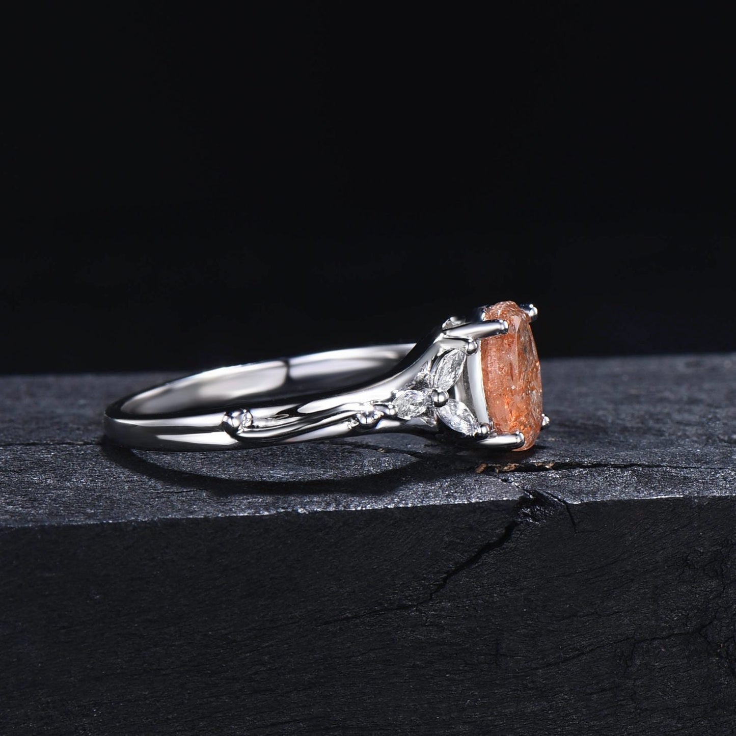 1.5ct Oval Natural Sunstone Engagement Ring 10K White Gold Cluster Moissanite Split Shank Promise Ring Orange Gemstone Ring Platinum Ring