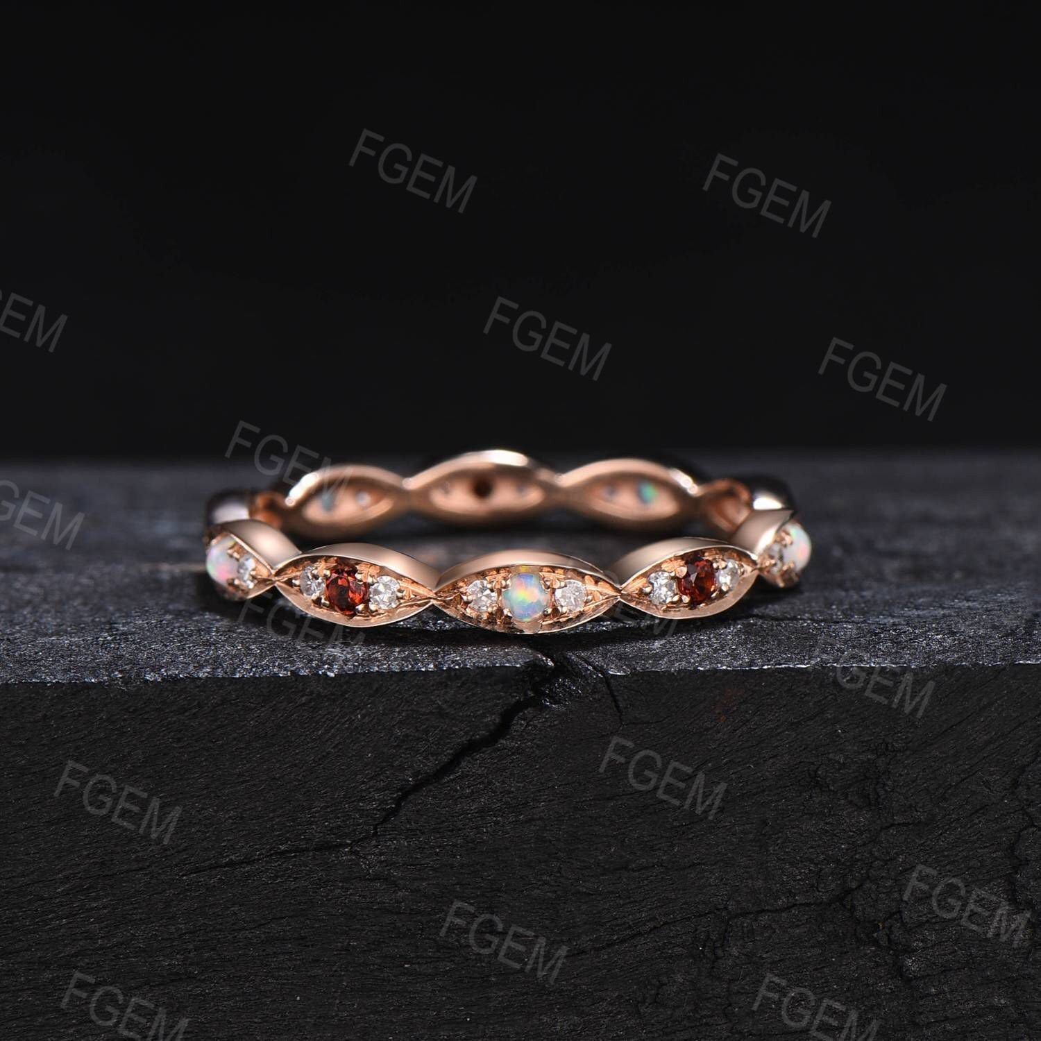 Lace Milgrain Opal Ruby Wedding Band 10k Rose Gold Marquise Stacking B –  FGEM RING