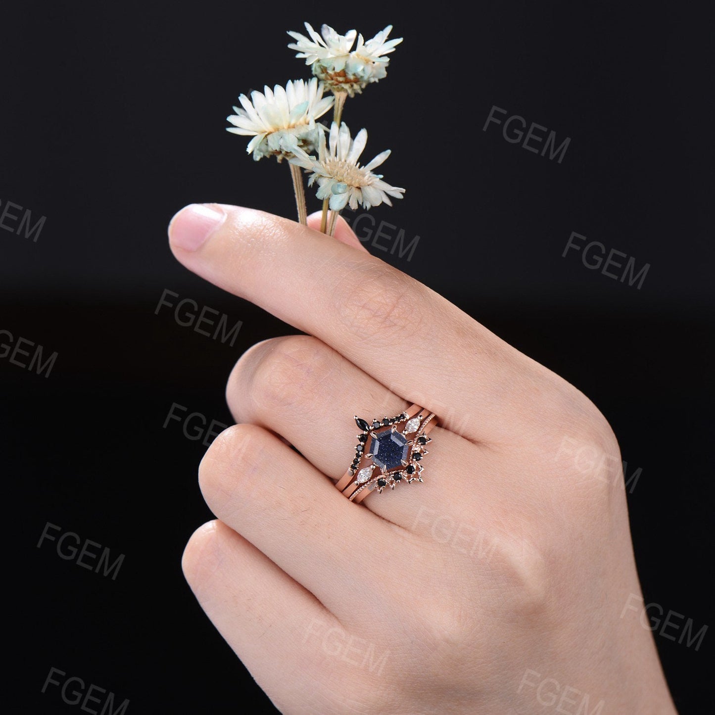 3PCS Hexagon Cut Blue Sandstone Ring Set Rose Gold Silver Galaxy Starry Sky Ring Black Gem Wedding Band Promise Gift Outer Space Nebula Ring