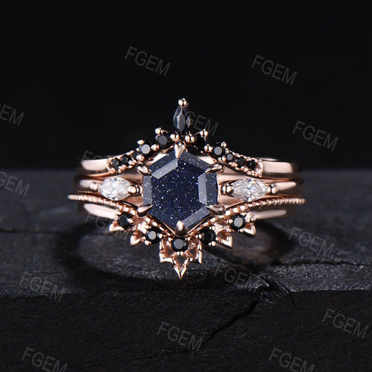 3PCS Hexagon Cut Blue Sandstone Ring Set Rose Gold Silver Galaxy Starry Sky Ring Black Gem Wedding Band Promise Gift Outer Space Nebula Ring