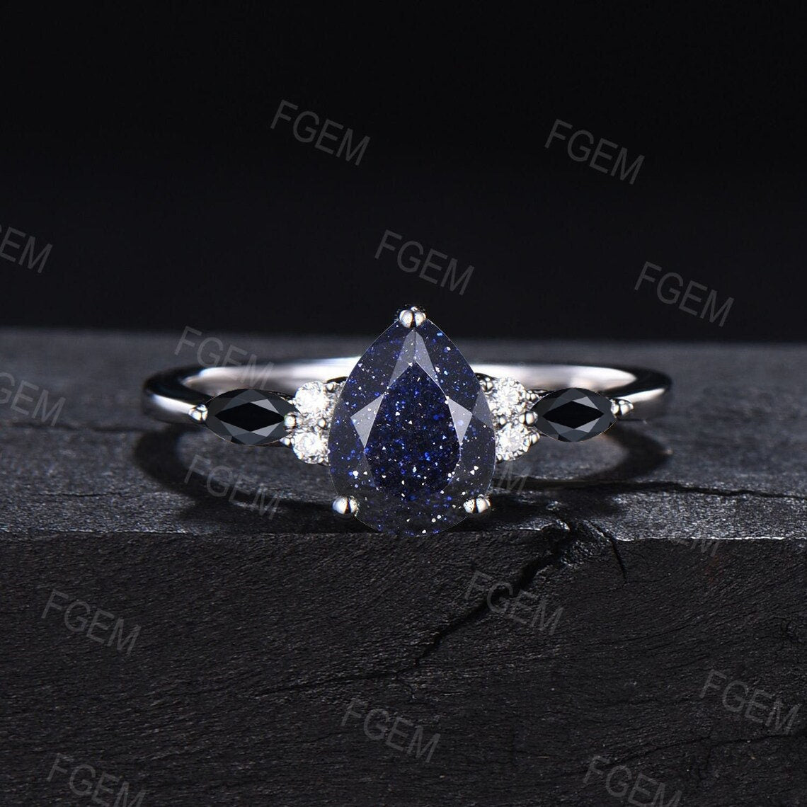 1.25ct Pear Blue Sandstone Moissanite Ring Set Blue Bridal Set Galaxy Starry Sky Ring Black Gemstone Ring Unique Handmade Proposal Gifts