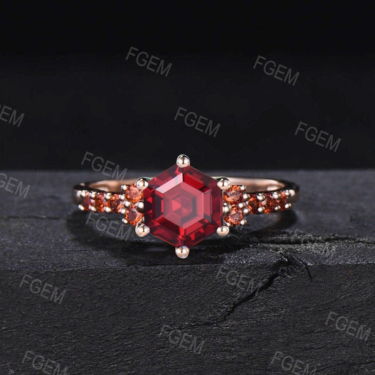 July Birthstone Wedding Ring 1ct Hexagon Cut Red Ruby Gemstone Jewelry Half Eternity Ruby Engagement Rings Birthday/Anniversary Ring Women