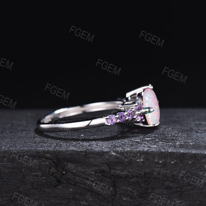 1.2ct Round Half Eternity Opal Engagement Rings October Birthstone Wedding Ring White Gold Amethyst Wedding Ring White Opal Platinum Rings