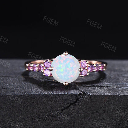 1.2ct Round Half Eternity Opal Engagement Rings October Birthstone Wedding Ring White Gold Amethyst Wedding Ring White Opal Platinum Rings