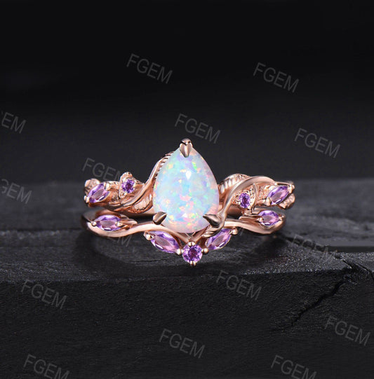 October Birthstone Engagement Ring Set 1.25ct Pear Shaped Nature Inspired Twist White Opal Bridal Set Marquise Natural Amethyst Wedding Ring