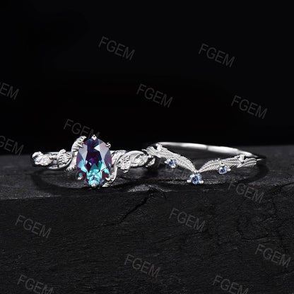 Nature Inspired Alexandrite Ring Set 1.5ct Oval Color-Change Alexandrite Engagement Rings Leaf Moissanite Ring Unique June Birthstone Gifts