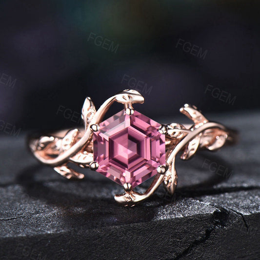 Natural Pink Tourmaline Engagement Ring Ring Vintage Nature Inspired Hexagon Tourmaline Ring Leaf Solitaire Ring Pink Gemstone Wedding Ring