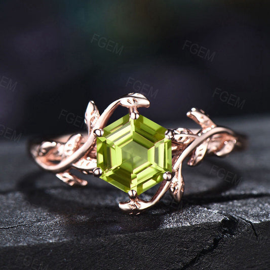 1ct Hexagon Natural Peridot Solitaire Ring Nature Inspired Leaf Peridot Wedding Ring Vintage Green Engagement Ring August Birthstone Jewelry