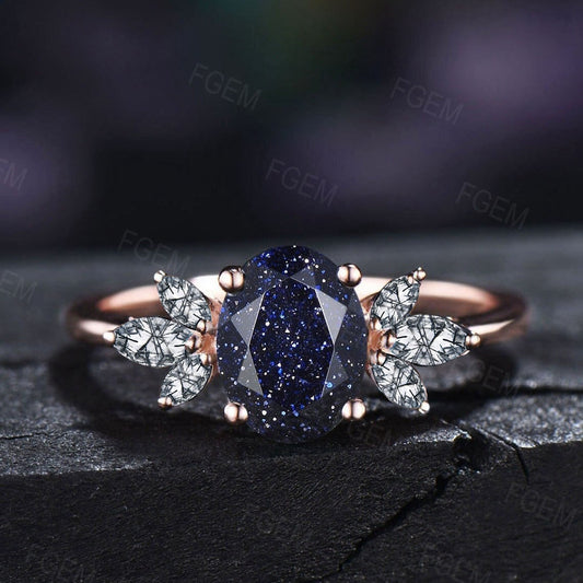 1.5ct Oval Starry Sky Blue Sandstone Cluster Engagement Ring Marquise Black Rutilated Quartz Wedding Ring Unique Birthday/Anniversary Gift