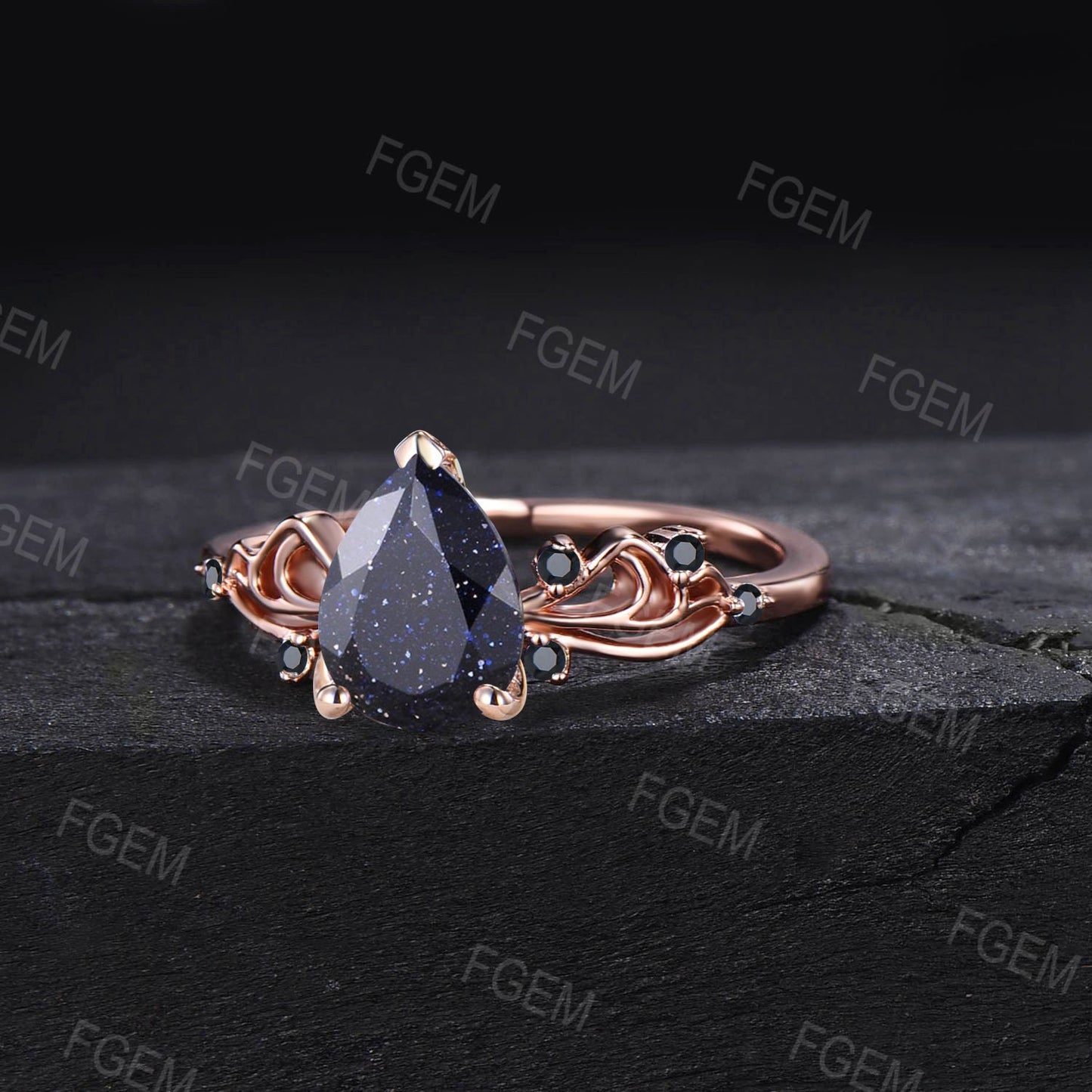 Sailor Moon Inspired Engagement ring 1.25ct Pear Blue Sandstone ring 10k Rose Gold Bowknot Blue Engagement Ring Cluster Black Wedding Ring