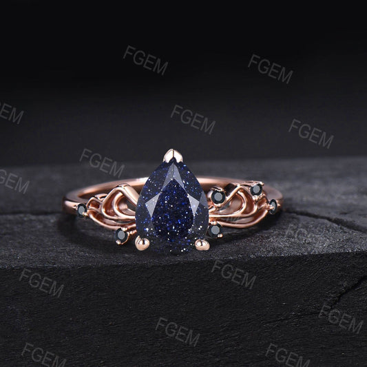 Sailor Moon Inspired Engagement ring 1.25ct Pear Blue Sandstone ring 10k Rose Gold Bowknot Blue Engagement Ring Cluster Black Wedding Ring