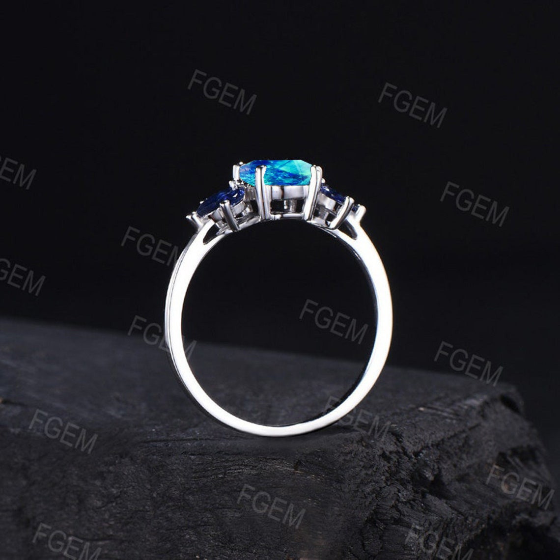1.5ct Oval Galaxy Blue Opal Engagement Ring Sterling Silver Blue Sapphire Cluster Wedding Ring Unique Handmade Proposal Gifts Platinum Ring