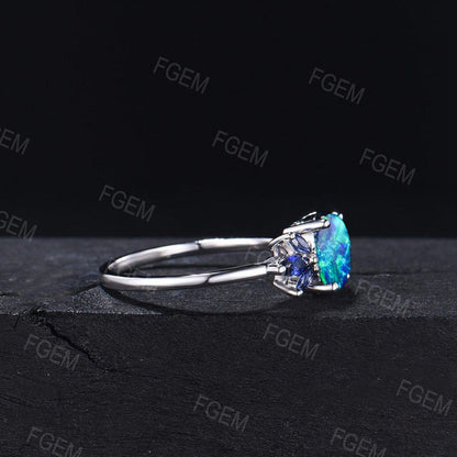 1.5ct Oval Galaxy Blue Opal Engagement Ring Sterling Silver Blue Sapphire Cluster Wedding Ring Unique Handmade Proposal Gifts Platinum Ring