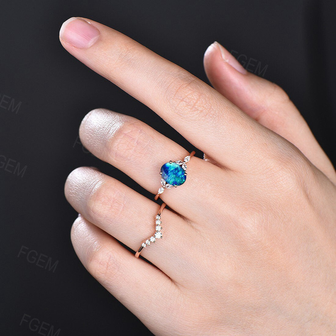 Sterling Silver Blue Opal Engagement Ring Set Vintage Oval Opal Bridal Set Blue Gemstone Opal Jewelry Unique Handmade Promise Ring for Women