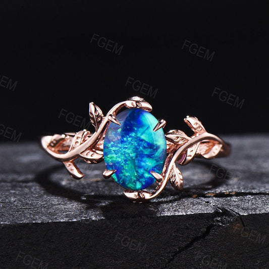 Sterling Silver Blue Opal Ring Fire Opal Jewelry 1.5ct Oval Cut Dainty Leaf Opal Engagement Ring Twig Nature Inspired Blue Opal Promise Ring