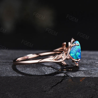 Sterling Silver Blue Opal Ring Fire Opal Jewelry 1.5ct Oval Cut Dainty Leaf Opal Engagement Ring Twig Nature Inspired Blue Opal Promise Ring