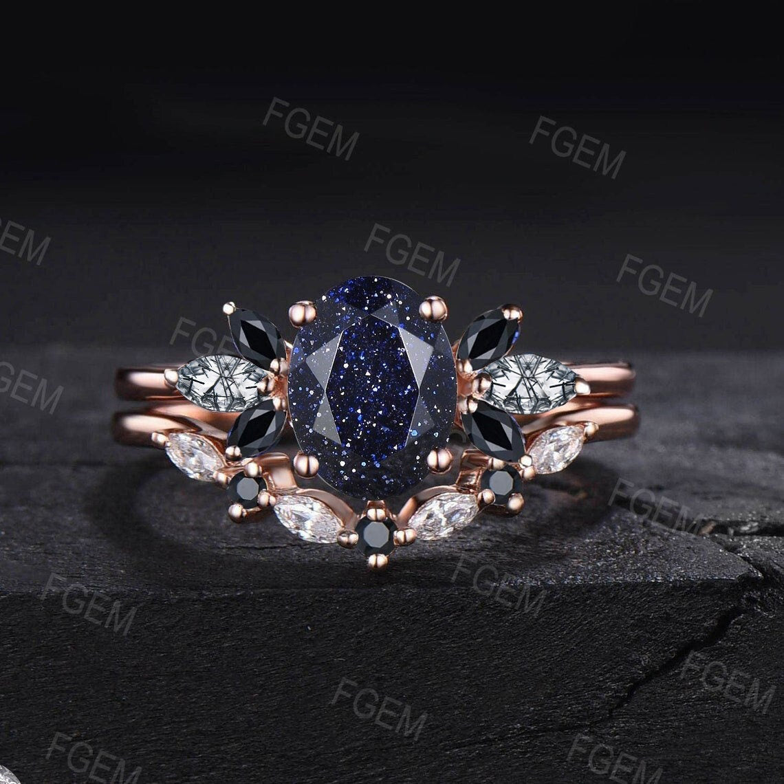 1.5ct Blue Sandstone Cluster Engagement Ring Set Galaxy Starry Sky Ring Black Rutilated Quartz Marquise Ring Unique Handmade Proposal Gifts