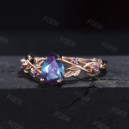 Nature Inspired Alexandrite Leaf Twist Engagement Ring 1.25ct Pear Color-Change Alexandrite Ring Cluster Purple Amethyst Twig Wedding Ring