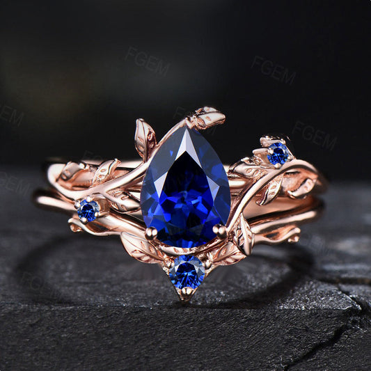Nature Inspired Blue Sapphire Leaf Engagement Ring Set Vintage 1.25ct Pear Shaped Blue Sapphire Ring Set September Birthstone Wedding Gifts