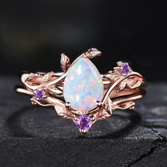 Nature Inspired White Opal Engagement Ring Set Vintage 1.25ct Pear Shaped Unique Branch Design Lab Opal Ring Leaf Amethyst Wedding Ring Set